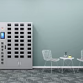 Smart Parcel Locker With White Chairs Small Round Table Light Blue Wall And Gray Floor 3d model