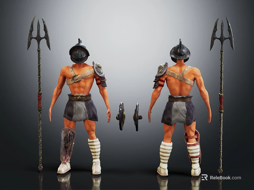 Shirtless Warrior Characters With Helmets Shoulder Armor And Leg Armor Holding Tridents And Small Objects 3d model 