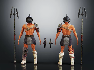 Shirtless Warrior Characters With Helmets Shoulder Armor And Leg Armor Holding Tridents And Small Objects 3d model