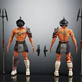 Shirtless Warrior Characters With Helmets Shoulder Armor And Leg Armor Holding Tridents And Small Objects