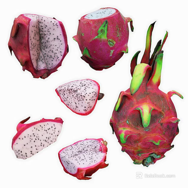 Fresh Dragon Fruit With Red Skin White Flesh And Black Seeds 3d model 