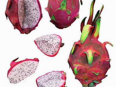 Fresh Dragon Fruit With Red Skin White Flesh And Black Seeds 3d model