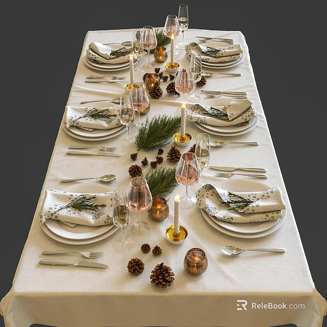 Elegant Tableware Set With Napkins Wine Glasses And Pine Cone Decorations For Festive Table 3d model 