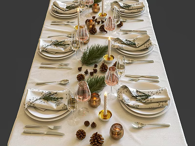 Elegant Tableware Set With Napkins Wine Glasses And Pine Cone Decorations For Festive Table 3d model