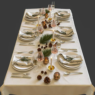 Elegant Tableware Set With Napkins Wine Glasses And Pine Cone Decorations For Festive Table 3d model