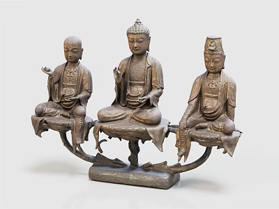Intricate Carved Buddhist Sculpture With Three Seated Figures On Bronze Base 3d model