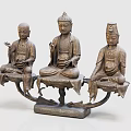 Intricate Carved Buddhist Sculpture With Three Seated Figures On Bronze Base