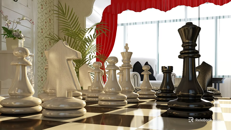 Elegant Chess Entertainment With White Black Pieces On Chessboard Red Curtains And Palm Plant 3d model 