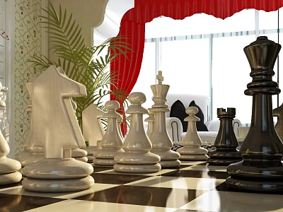Elegant Chess Entertainment With White Black Pieces On Chessboard Red Curtains And Palm Plant 3d model