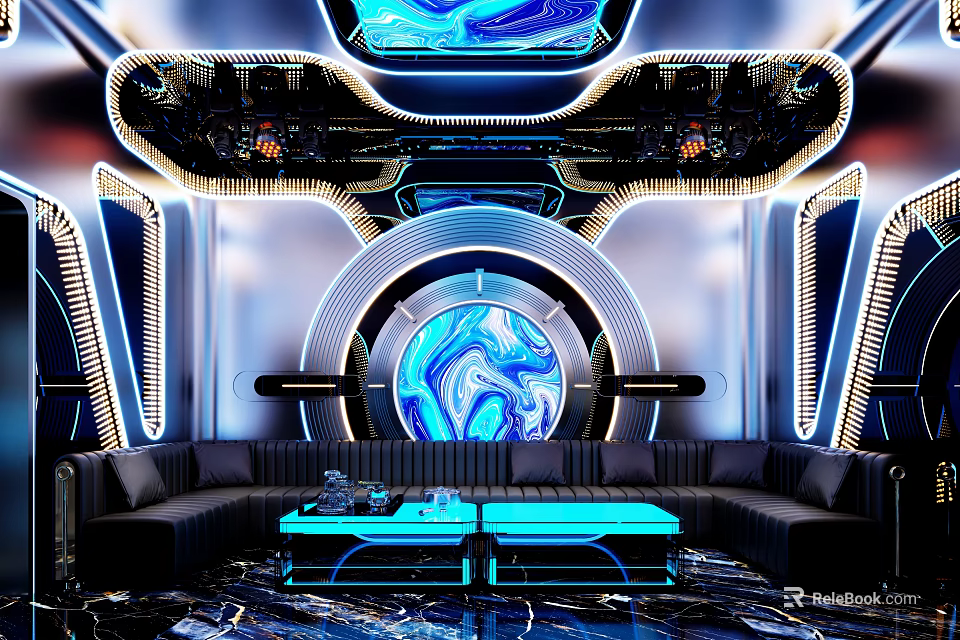 Modern KTV Interior With Neon Lights Blue Marble Circular Decor And Sofa Seating 3d model 