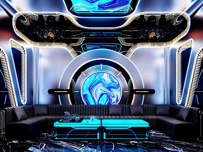 Modern KTV Interior With Neon Lights Blue Marble Circular Decor And Sofa Seating 3d model