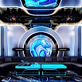 Modern KTV Interior With Neon Lights Blue Marble Circular Decor And Sofa Seating