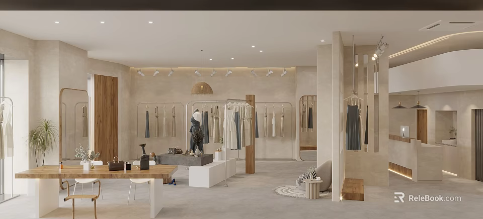 Modern Minimalist Clothing Store Interior With Clothing Racks Hanging Clothes And Display Shelves 3d model 