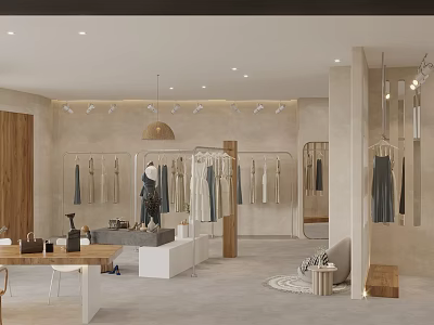 Modern Minimalist Clothing Store Interior With Clothing Racks Hanging Clothes And Display Shelves 3d model