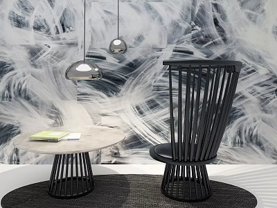 Modern Black Leisure Chair With Round Table Books Abstract Pattern Wallpaper And Pendant Lights 3d model