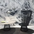 Modern Black Leisure Chair With Round Table Books Abstract Pattern Wallpaper And Pendant Lights