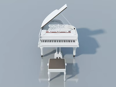 White Grand Piano With Open Lid Musical Keyboard And Wooden Stool 3d model