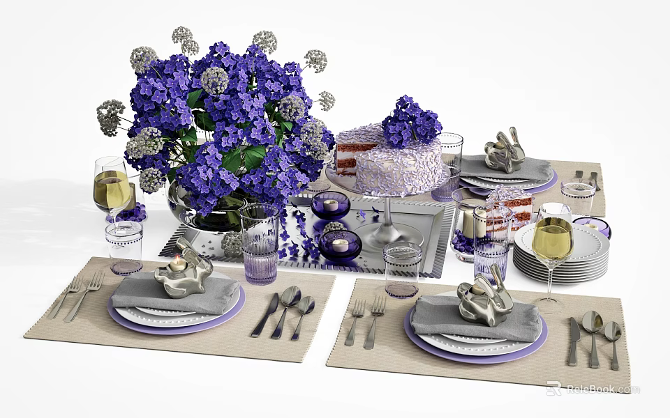 Elegant Dinnerware Set with Purple Flowers Cake Glassware and Cutlery on Table Mats 3d model 