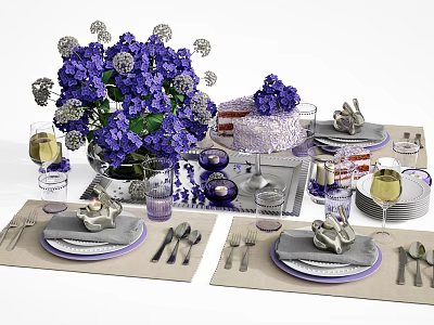 Elegant Dinnerware Set with Purple Flowers Cake Glassware and Cutlery on Table Mats 3d model
