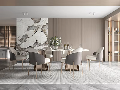 Modern Restaurant Interior With Round Dining Table Grey Chairs And Marble Wall Decor 3d model