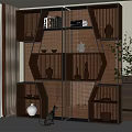 Modern Decorative Cabinet With Wooden Metal Frame Geometric Shelves LED Lighting And Displayed Vases Books