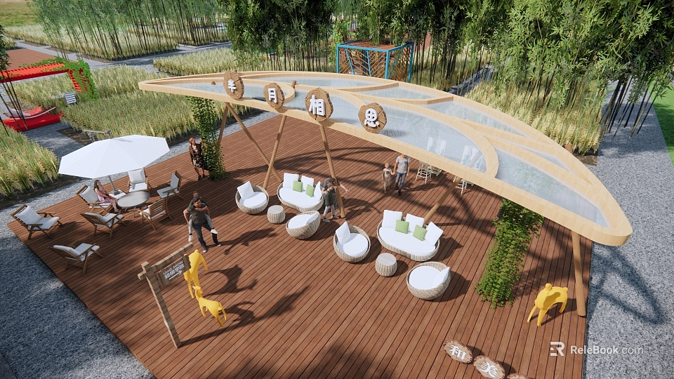 Wooden Curved Pergola Design With White Lounge Seats And Greenery In Outdoor Relaxation Area 3d model 