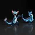 Flying Creatures Blue Cartoon Dragons in Two Poses Standing Sitting Open-Mouthed on Black Reflective Background