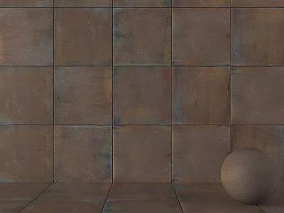 Rustic Brown Brick Wall Components Featuring Square Tiles and Metal Sphere 3d model