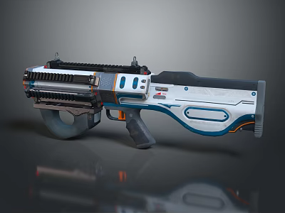 Futuristic Gun With White And Blue Sleek Design And Mechanical Barrel Details 3d model