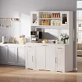 Gray And White Kitchen Cabinets With Open Shelves Jars Coffee Machine And Natural Light