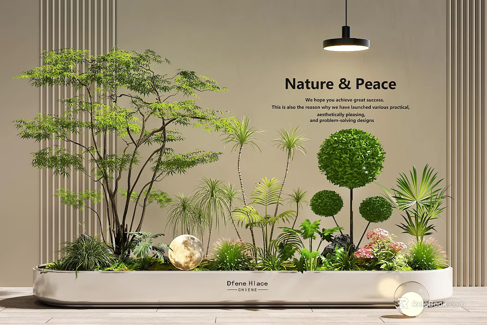 Indoor Landscape With Green Plants Rounded Shrubs Decorative Sphere And Soft Lighting For Nature Peace 3d model 