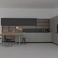 Modern Open Kitchen Interior With Gray Wooden Cabinets Central Island And Dining Chairs