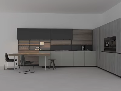 Modern Open Kitchen Interior With Gray Wooden Cabinets Central Island And Dining Chairs 3d model