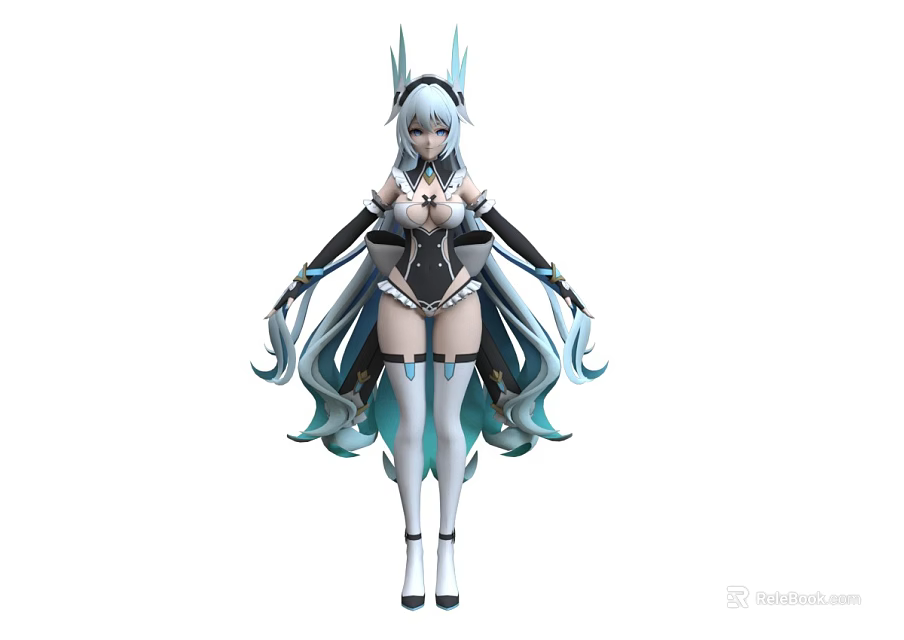 Anime Style Woman With White Long Hair Blue Tips Horn Accessories And Black White Outfit 3d model 
