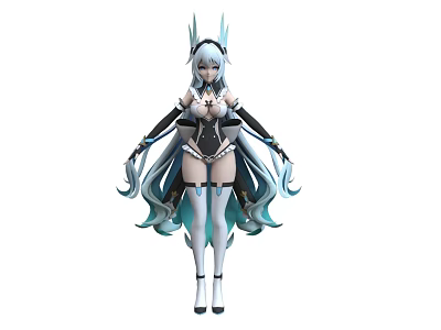 Anime Style Woman With White Long Hair Blue Tips Horn Accessories And Black White Outfit 3d model