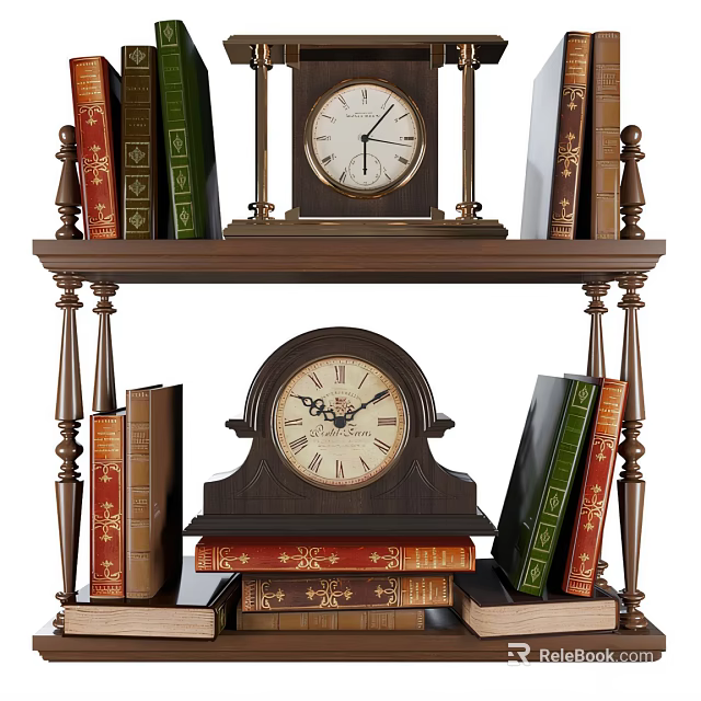 Decorative Ornament Set With Wooden Shelf Vintage Clocks And Carved Design Books 3d model 