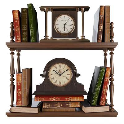 Decorative Ornament Set With Wooden Shelf Vintage Clocks And Carved Design Books 3d model