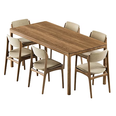 Simple Modern Wooden Dining Table Set With Six Chairs And Light Gray Cushions 3d model