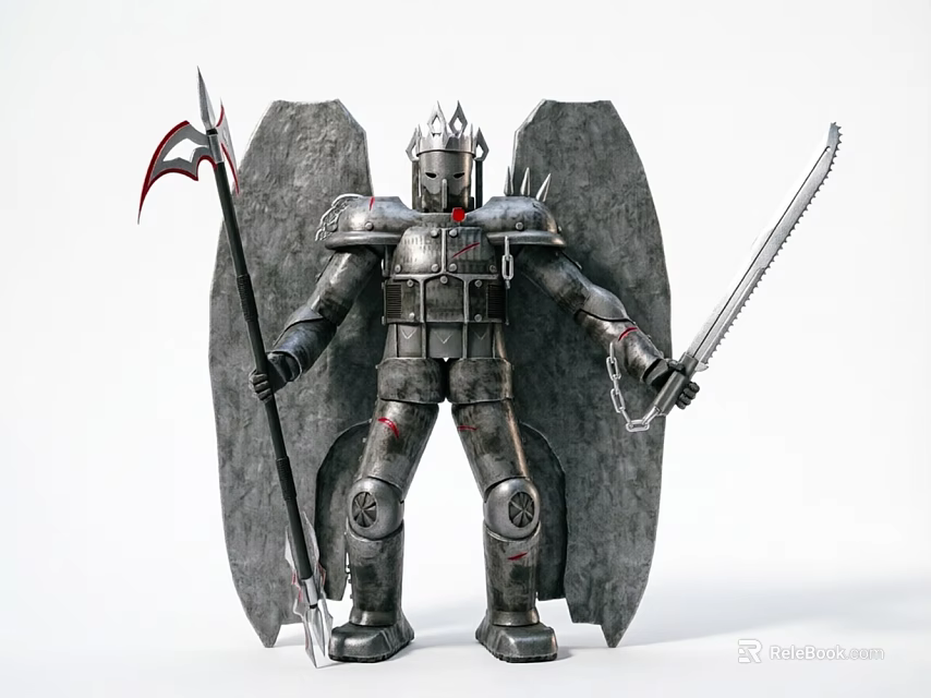 Detailed Metallic Decorative Figurine Set With Armor Wings Scythe And Sword 3d model 