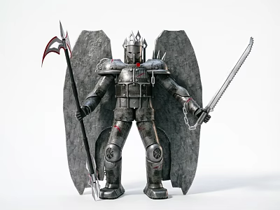 Detailed Metallic Decorative Figurine Set With Armor Wings Scythe And Sword 3d model