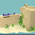 Ancient Ruin Camp With Stone Walls Cave Entrance Purple Tent Gold Coins And Scrolls