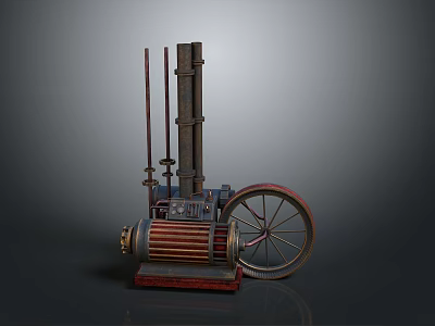 Vintage Living Appliance Featuring Vertical Metal Rods Large Wheel Pipes And Red Base 3d model