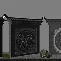 Traditional Chinese Scenic Wall With Stone Brick Structure Circular Carved Relief And Tile Roof Design