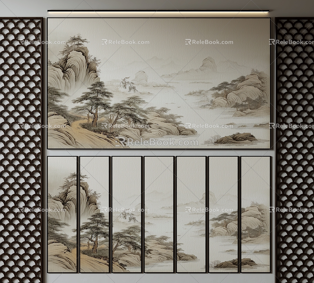 New Chinese Background Wall Hard Bag Wallpaper Decorative Painting Wall Painting Landscape Painting 3d model