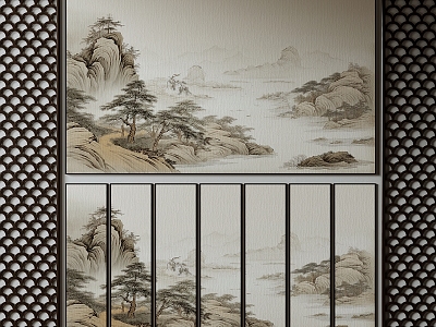 New Chinese Background Wall Hard Bag Wallpaper Decorative Painting Wall Painting Landscape Painting 3d model