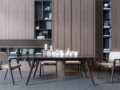 Modern Dining Table Set With Chairs Wooden Wall Shelves Decorative Items And Green Plants 3d model
