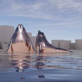 Silver Whale Sculptures in Water with Reflections Blue Sky and White Cube Buildings Background