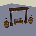 Rustic Wooden Outdoor Chair Under Pergola With Barrels And Lanterns