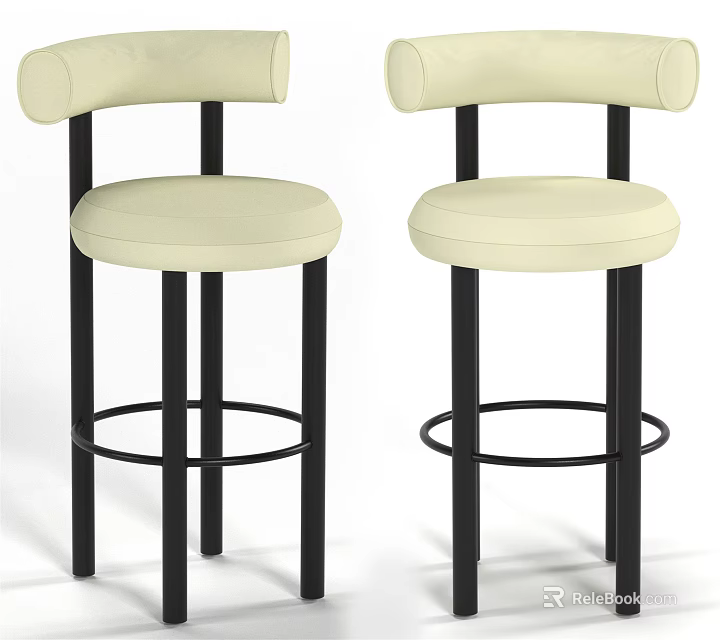 Set of Two Modern Cream Padded Bar Stools With Black Metal Frame 3d model 