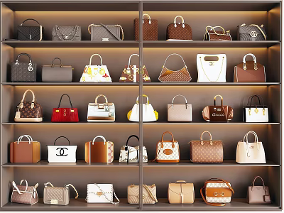 Neatly Arranged Designer Bags on Shelves with Various Styles and Colors 3d model